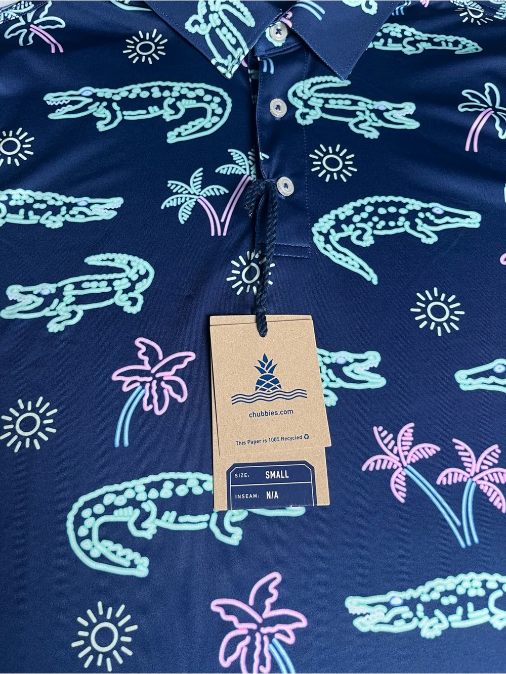 chubbies Men’s Small Navy Polo with Mint Green & Light Pink Alligator Print - Picture 3 of 8